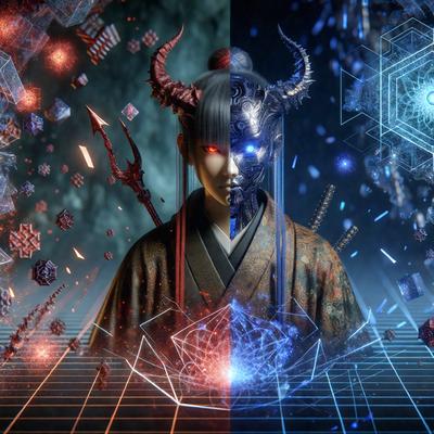 The primary subject of the image is a woman with horns and a demonic appearance. She is wearing a kimono and has a blue glow. The setting is a dark room with a backdrop of a geometric pattern. The visual style is digital art, and the dominant colors are blue and red. The overall atmosphere is mysterious and intriguing.